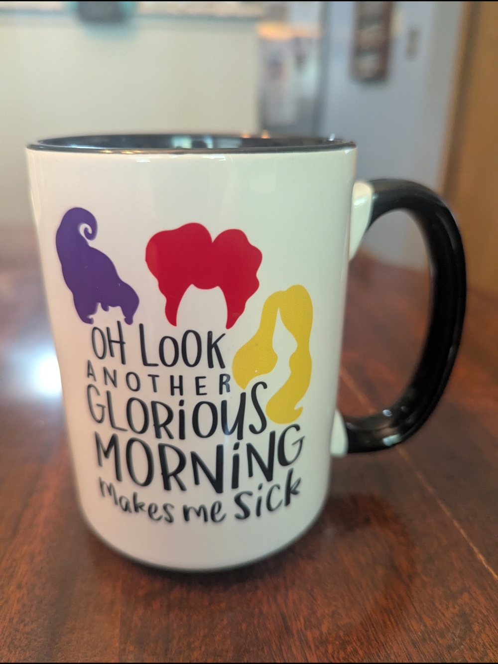 White Ceramic Mug with Purple, Red, and Yellow Design - Funny Morning Quote